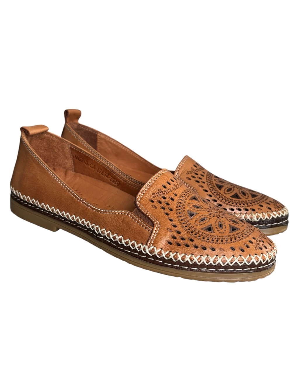 Spring Step Ingrid Tan Leather Laser-Cut Slip-On Loafers 38